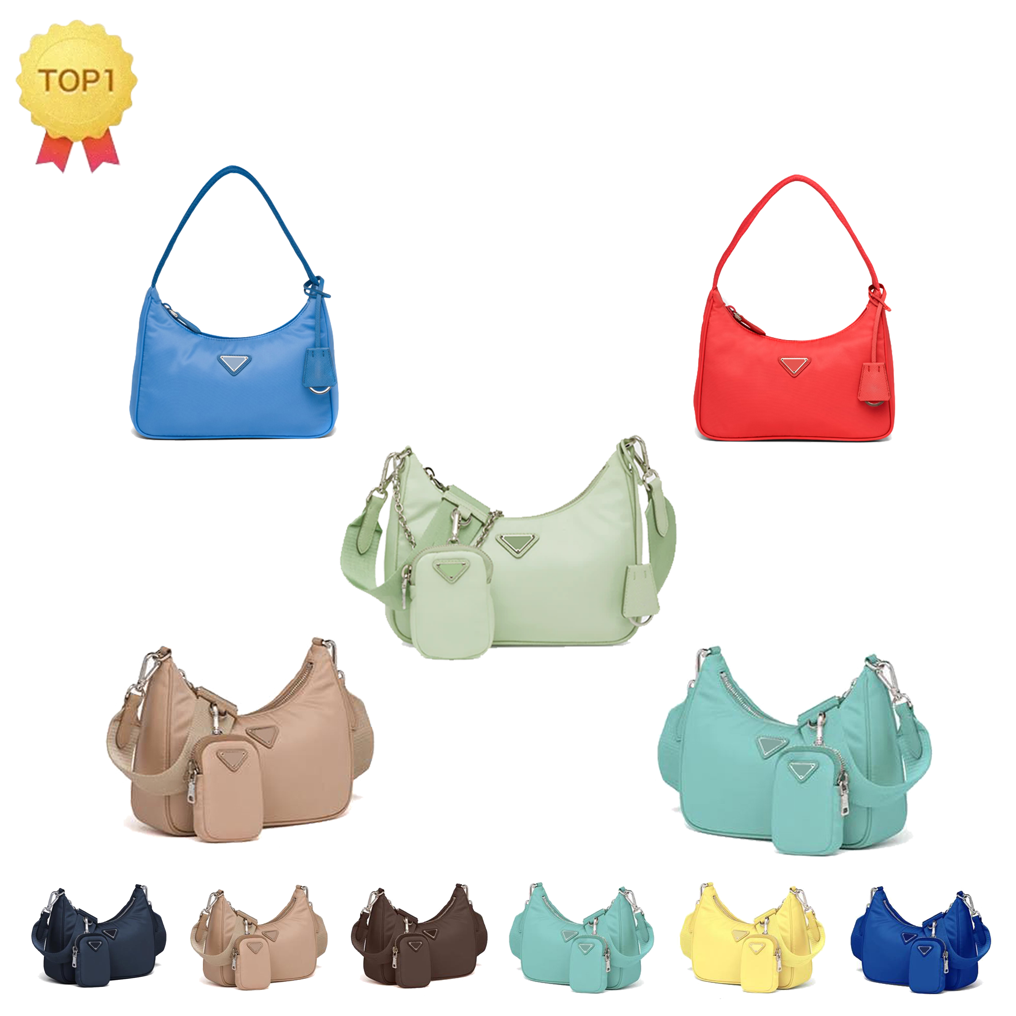 

Re-Edition 2005 2000 nylon shoulder bag high quality Designer 3piece Saffiano Women Triangle crossbody bags Men chain prad handbag cleo fashion nylon clutch tote, 1-blue
