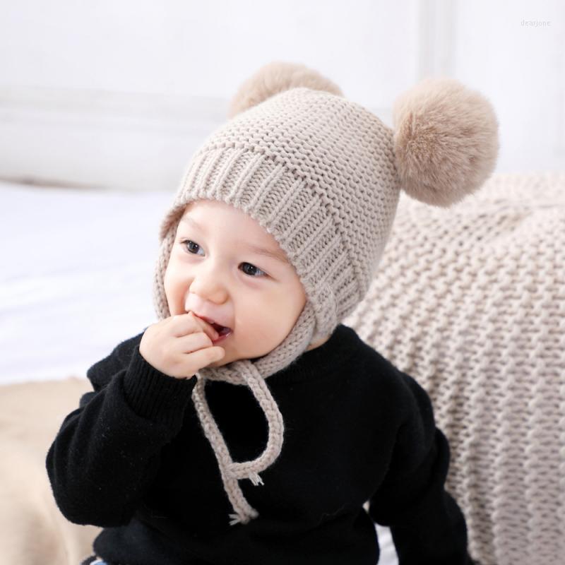 

Hats 3-6 Months Baby Soft Warm Hat Large Pom Bobble Chin Tie Winter Knitted Boy Girl Hair Ball Knit Children, Black