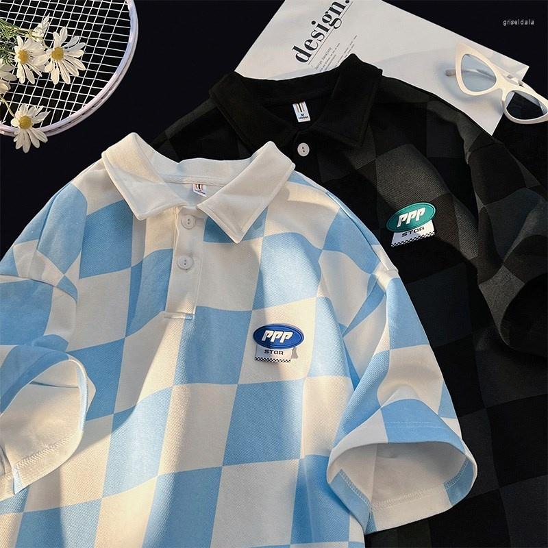 

Men's T Shirts High Quality Plaid Short Men's Summer Polo Shirt Trend Casual Lapel T-shirt Youth Versatile Medium Sleeve Ins Boys, Blue