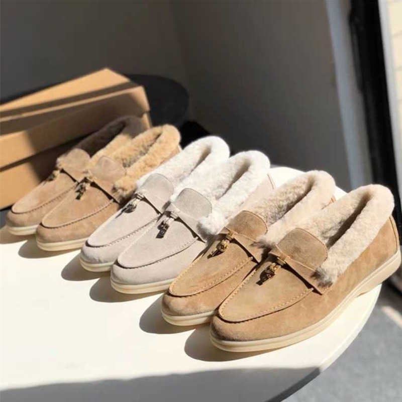 

Shoes Factory Designer Loropiana Pina Woolen Lefu Shoes for Women's Autumn and Winter 22 Genuine Leather Lp Single-footed Warm Plush Flat Soybean Shoes, Khaki
