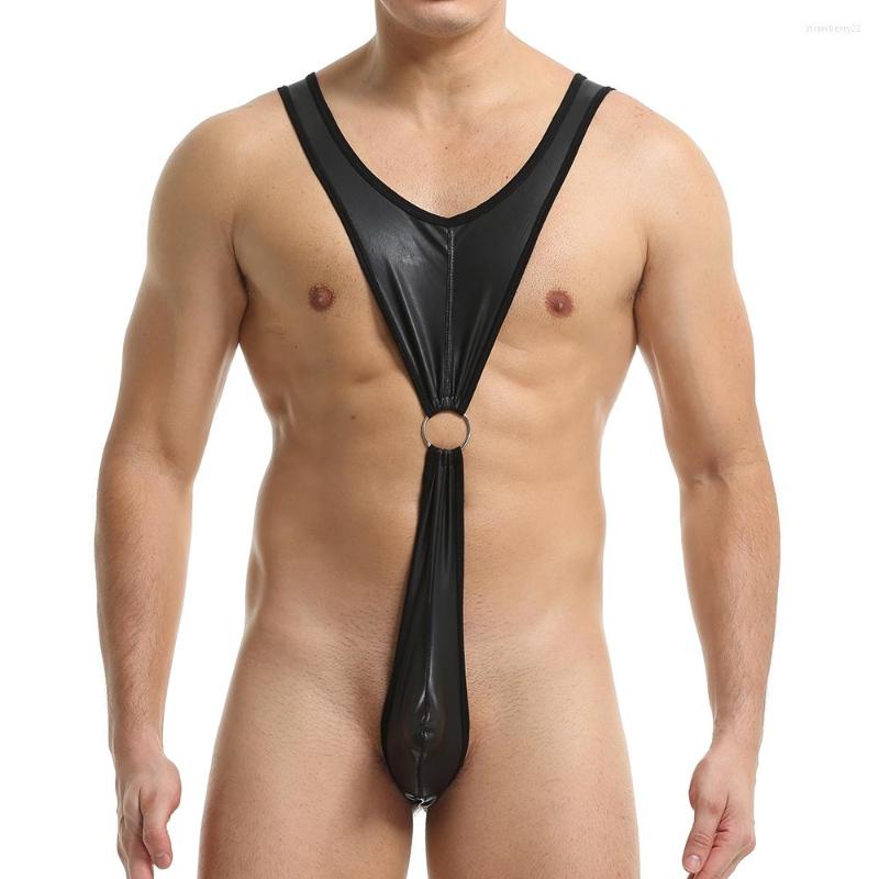 

Men' G Strings Sexy Mens Undershirts Thongs PU Leather Jumpsuits Gay Sissy Penis Pouch Jock Strap Wrestling Singlet Latex Bodysuits, Black