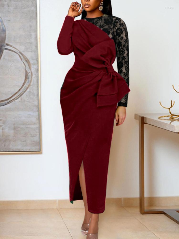 

Casual Dresses AOMEI Long Dress Women O Neck Lace Patchwork Full Sleeve Pleated Bowtie Evening Cocktail Event Party Slit Gowns 4XL African, Blue