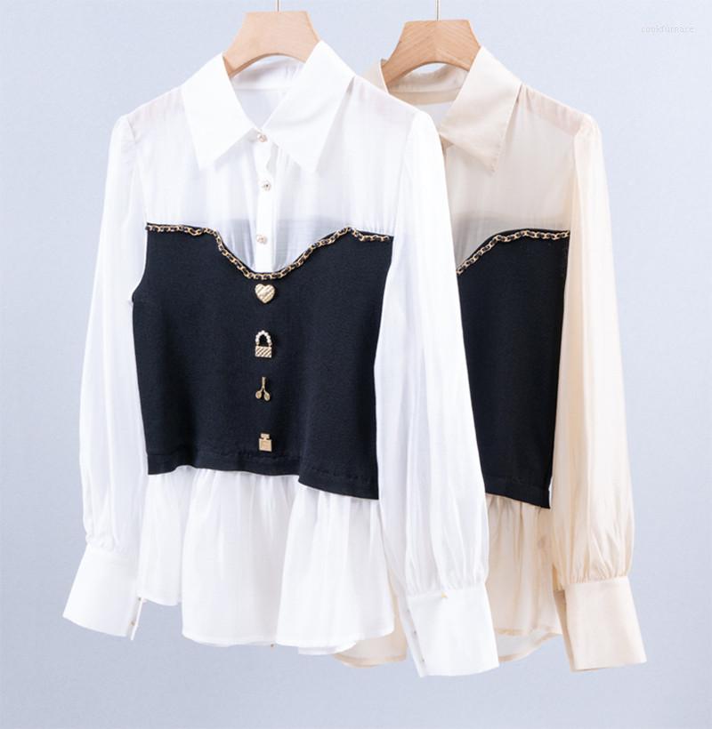 

Women's Blouses Spring Autumn France Style Women's High Quality Knitted Patchwork Shirts F062, Beige