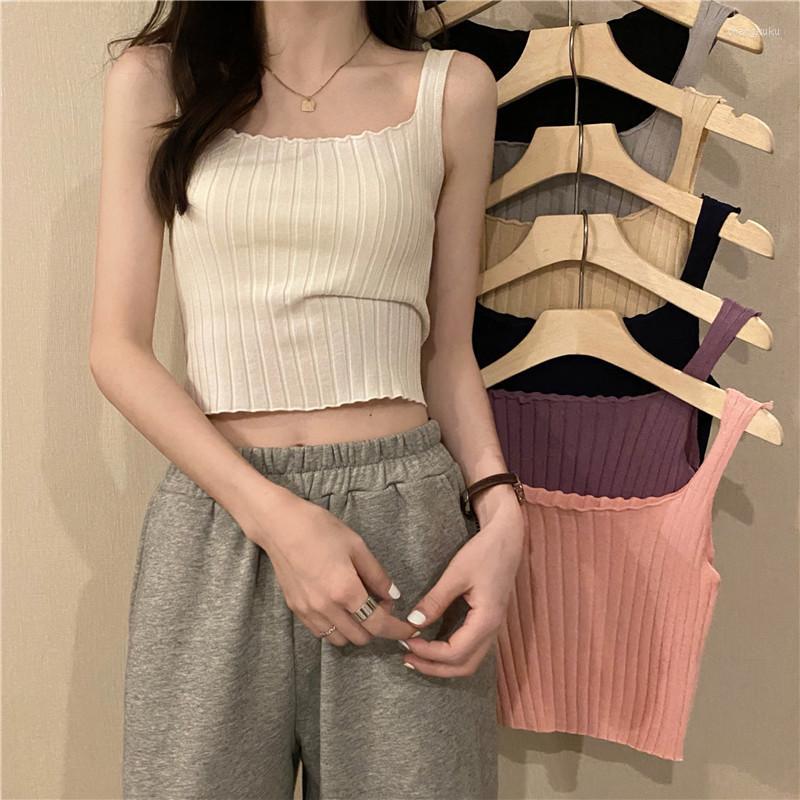 

Women's T Shirts Women Sleeveless Spaghetti Vest Quality Knitted Camis Square Neck Tank Tops Casual Solid Color Basic Camisole For Female, Black