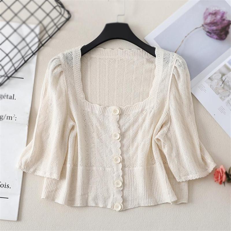 

Women's Blouses Korean Chic Fashion Elegant Shirt Tops Women Short Sleeve Button Knitted Crop Top French Sexy Cropped Blusa Feminina, White