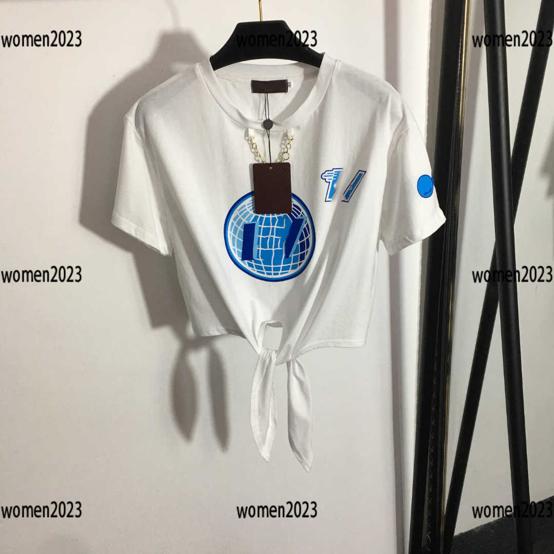 

woman T-shirt lady short sleeve female tops summer Chain decoration Waist design products Size -L Stylish New Arrivals Feb24, White