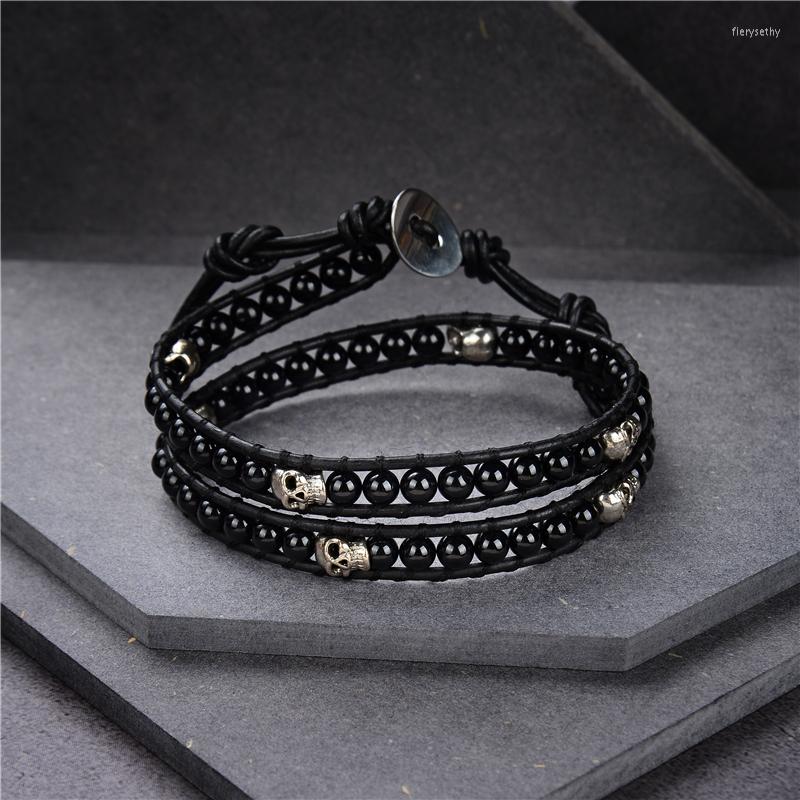 

Charm Bracelets Genuine Leather Bracelet Bangle Skull Cuff Rope For Women Natural Tiger Eyes Agat Braided 2 Layers Stone Jewelry B452