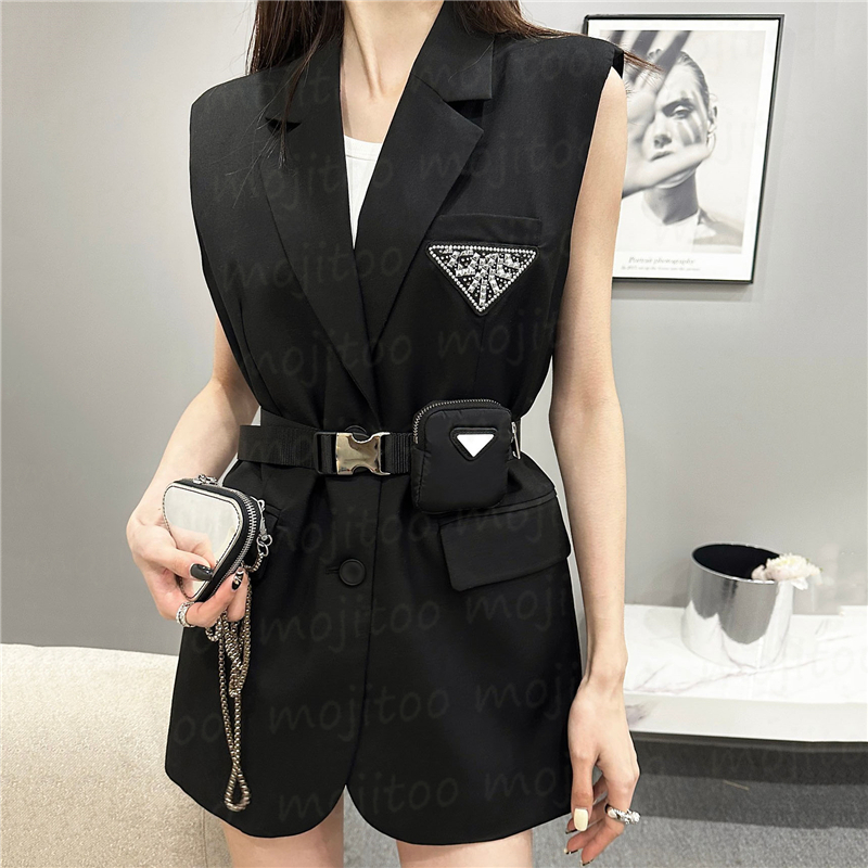 

Women Vest Suit Coats With Bag Belt Fashion Sleeveless Jackets Spring Summer Outerwear, Black