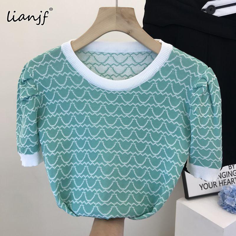 

Women' Sweaters Summer O-neck Thin Knitted Sweater Women Print Tee Shirt Loose Casual Korean Plaid Color Matching Chic Puff Sleeve Sweet T, Light blue