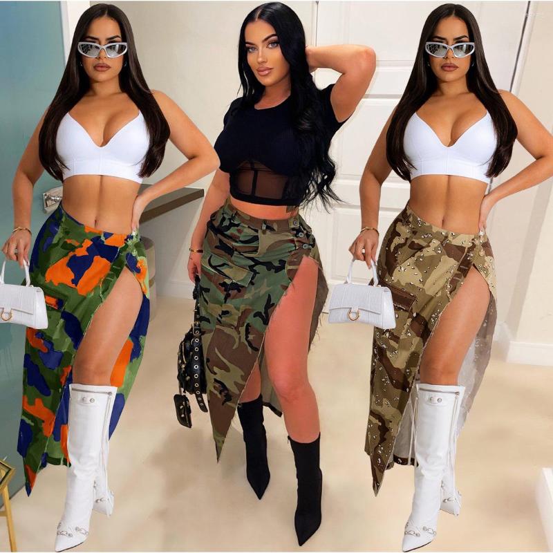 

Skirts Echoine Green Camo Print Denim Skirt Hight Waist Sexy Split Button Tassel Fashion Long Street Clubwear Summer 2023