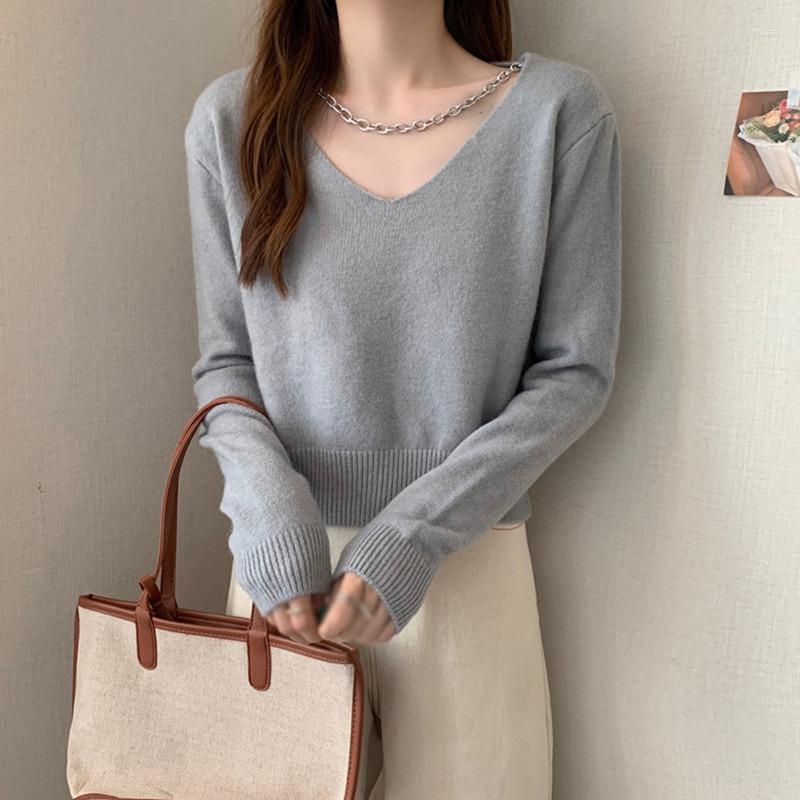 

Women's T Shirts Women Sweaters V-Neck Needle Short Fashion Solid Color Slim Full Sleeve Thin Bottom Blouse Autumn, White
