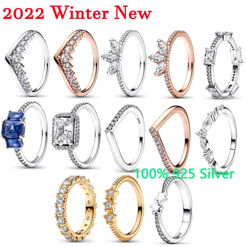

Band Rings 2022 Winter New 925 Silver High Quality Original 1 1 Blue Rectangle Three Stone Glitter Rings Women Jewelry Gift Fashion L230227