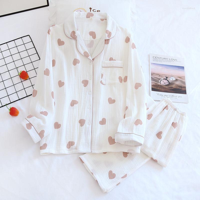 

Women's Sleepwear Japanese Spring And Summer Ladies Pajamas Long-sleeved Trousers Two-piece Set Cotton Crepe Love Lapel Home Service Suit, Yellow- love