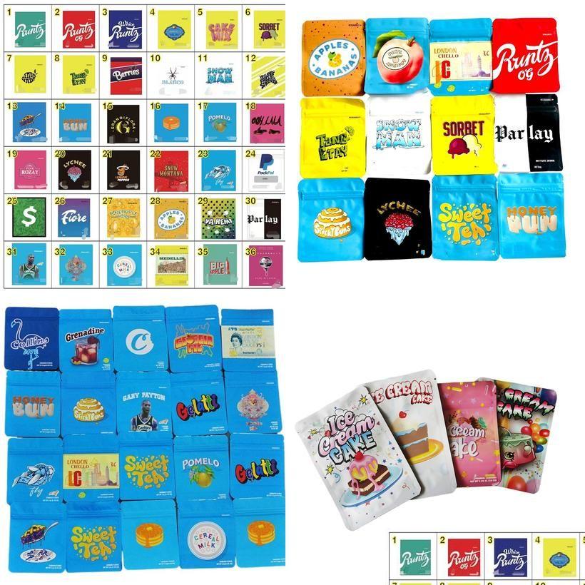 

Packing Bags Edibles 1/8Oz Mylar 3 5 Cooki Ice Cream Cake 5G 7G 8Ths Herb Flower Cookie Colline Ave Gelatti Gero Pie H Dhhrk