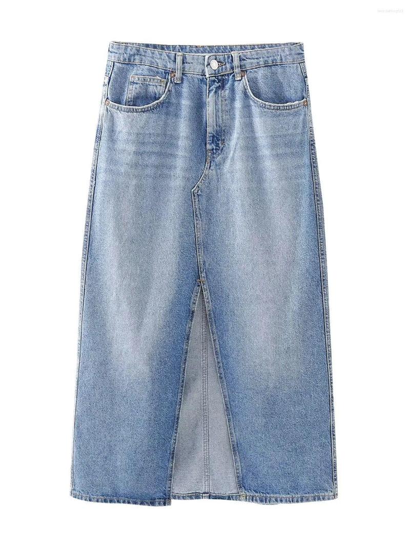 

Skirts 2023 Women Fashion Denim Midi Skirt Woman Vintage High Waist Zipper Front Split Female Chic, Picture color
