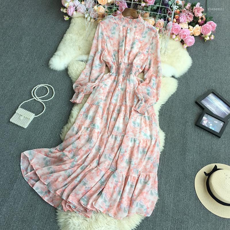 

Casual Dresses Floral Print Long Sleeve Chiffon Party Dress Women Spring Fall Boho Beach Korean Fashion A Line Slim Cute, Yellow