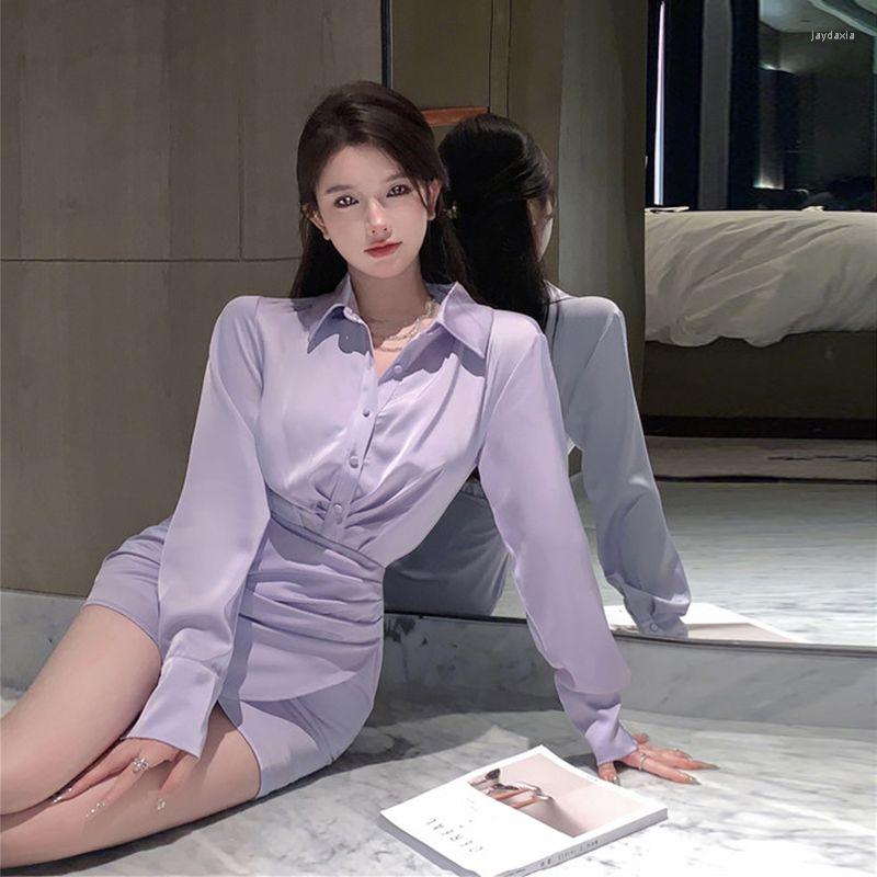 

Casual Dresses 2023 Sexy Tight Slim Hip Polo Collar Long Sleeve Mini Dress Women Buttons Asymmetrical Waist Sweet T651, Purple