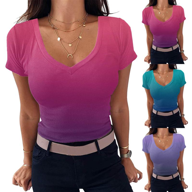 

Women' Blouses & Shirts Women Gradient V Neck Ribbed Short Sleeve Basic Knit Tops Tee Shirt Streetwear Korean Style Slim BlousesWomen, Bu