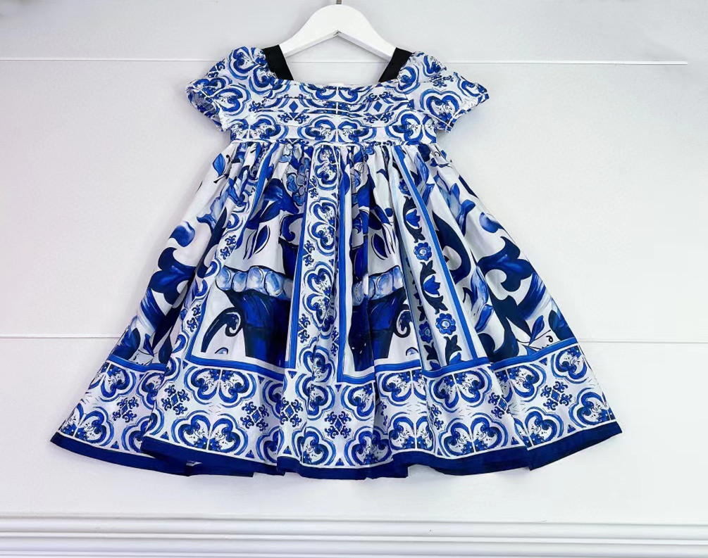 

2023 new children's clothing fashion girls dress latest fashion flower print patchwork dress kids, Blue