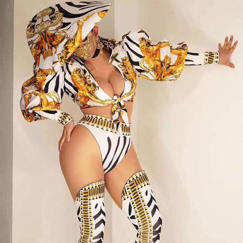 

Stage Wear Lion Print Turn Down Collar Puff Sleeve Women Shirt Striped Shorts Foldable Hat Drag Queen Nightclub Outfit Dance Show, Suit with hat