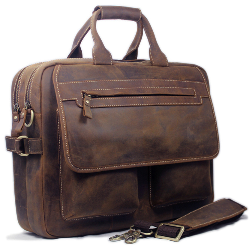 

Briefcases Vintage Men Leather Briefcase Tote Business bag Crazy Horse Genuine portfolio men briefcase male 15" laptop office 230227, Auburn