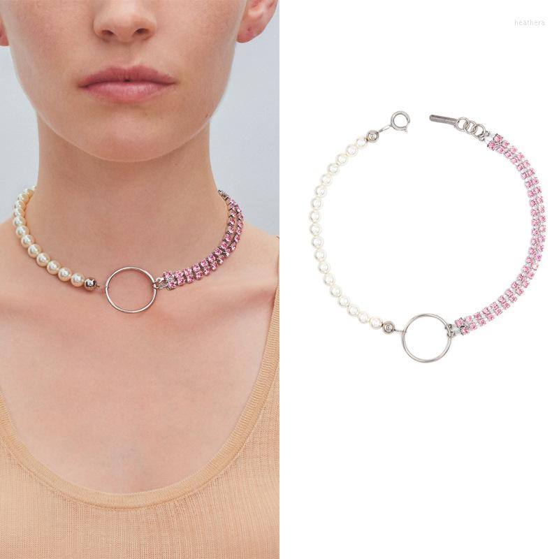 

Choker Pink Rhinestone Chain Pearl Big Ring Short Necklace Female Clavicle
