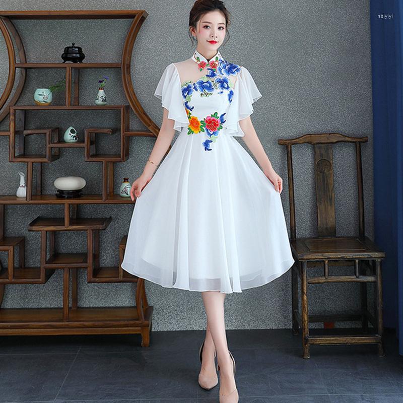 

Ethnic Clothing Improved Cheongsam Dress Skirt Vestido Summer White Was Thin Fairy Temperament Elegant Dance Costume Qipao