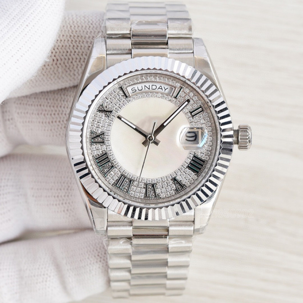 

Womens Watches Automatic Mechanical 41mm Watch Full Yellow Gold White Dial Sapphire Glass Roma Numbers Oyster Steel Super luminous WristWatches montre de luxe gift, Color 1