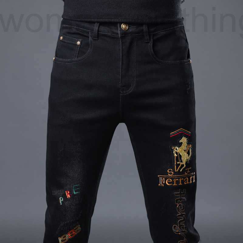 

Men's Jeans Designer Autumn and Winter New Black Embroidery Fashion Brand Youth Versatile Slim Feet Pants RK4Z, Black c8623