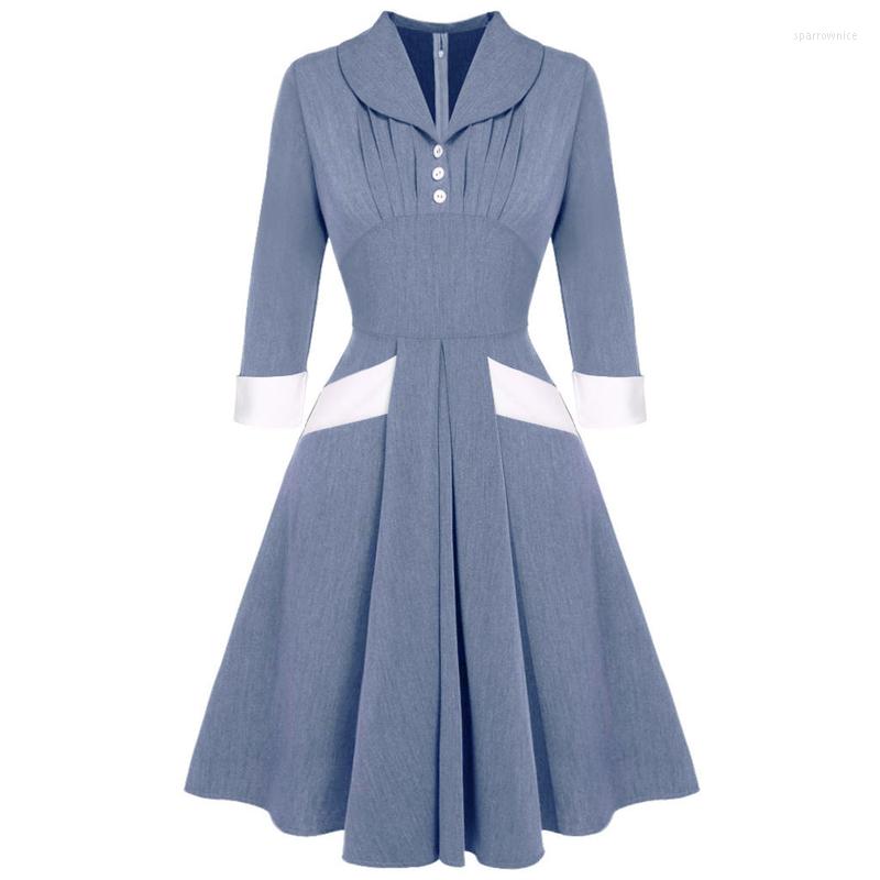 

Casual Dresses Pleated A Line Dress Women 3/4 Sleeve Empire Corset Ropa Mujer 2023 Fashion Patchwork Vintage Big Swing GownCasual, Sky blue