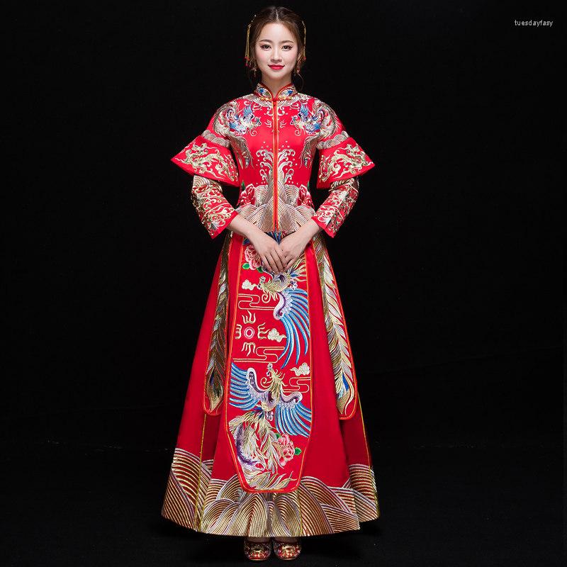 

Ethnic Clothing Ancient Marriage Costume The Bride Gown Traditional Chinese Wedding Dress Womens Cheongsam Embroidery Phoenix Red Qipao