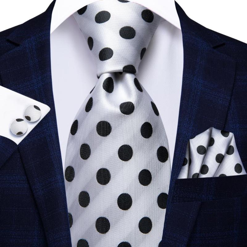 

Bow Ties Hi-Tie White Black Dot Novelty Silk Wedding Tie For Men Handky Cufflink Gift Mens Necktie Fashion Business Party Dropshiping