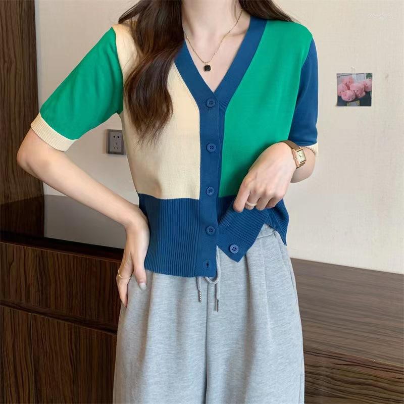 

Women's T Shirts 2023 Summer V-neck Single-breasted Button Cardigan Knitted Short Sleeve T-shirt Women's Shirt T-Shirts Contrast Crop, Blue