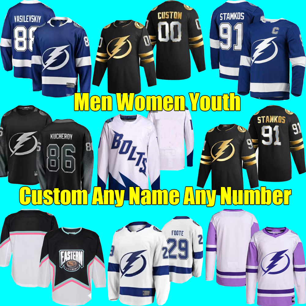 

Hockey Jerseys Tampa Bay custom Lightning 91 Steve Stamkos 86 Nikita Kucherov 21 Brayden Point 77 Victor Hedman 88 Vasilevskiy, As shown in illustration