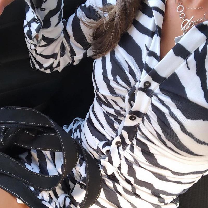 

Casual Dresses Women Autumn Street Commuter Slim Dress Zebra Print Long Sleeve Lapel Single-breasted Tight Shirt, Multi