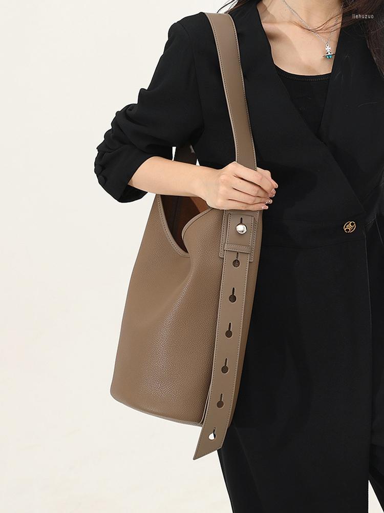 

Evening Bags Fashion Simple Commuter Bucket Bag Genuine Leather Women Real Cowhide Lady Shoulder Messenger Large Capacity, Grey
