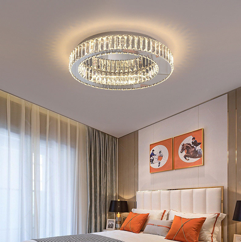 

Modern Luxury Crystal LED Ceiling Light Living Room Kitchen Island Lamp Stainless Steel Round Chrome Art Ceiling Pendant Fixture