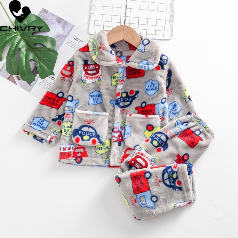 

Pajamas Kids Boys Girls Autumn Winter Warm Flannel Pajama Sets Cute Cartoon Lapel Tops with Pants Baby Sleeping Clothing Sets 230227, Style 1