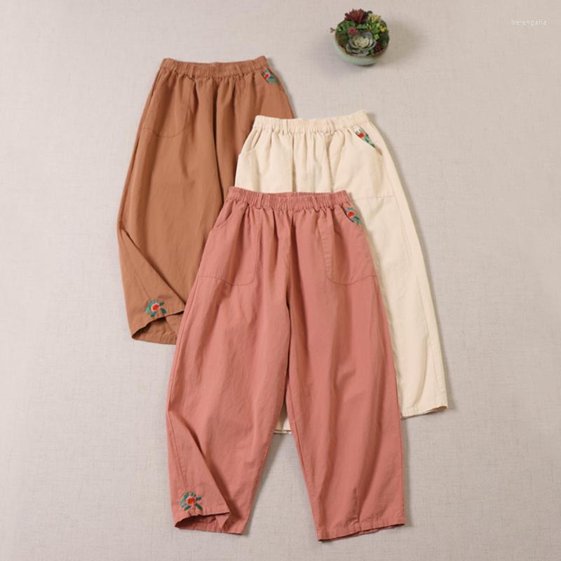 

Women's Pants Japanese Style Mori Girl Elastic Waist Embroidery Harem Loose Cotton Casual Cropped, Beige
