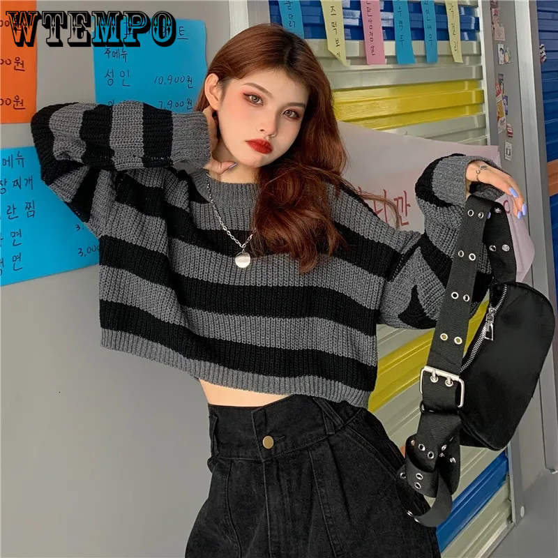 

Women' Sweaters Fashion Cropped Sweater Sexy Tops Women Black White Striped Pullover Knitted Sueter Aesthetic Korean Short Pull Jumper Y2K Goth 230227