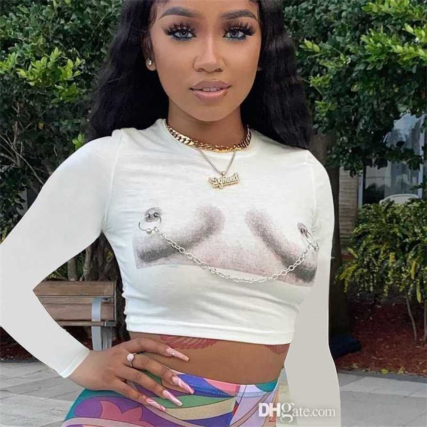

Designer T-shirt New Printed Round Neck Long Sleeve Exposed Navel Chain Tee Women Casual Tops, Short sleeve white