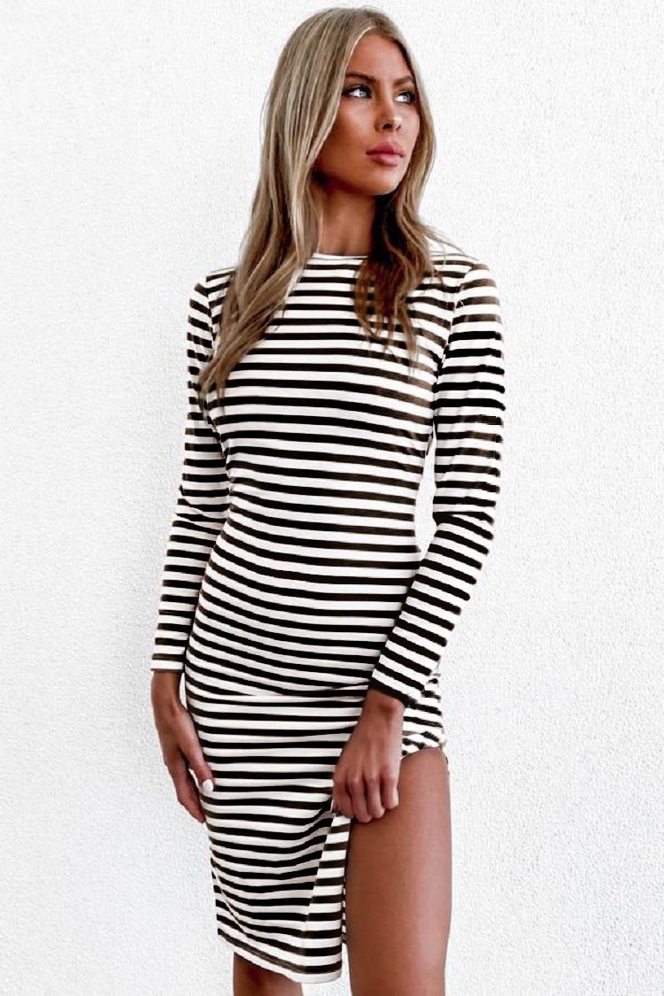 

Casual Dresses Fall Midi Long Sleeve Round Neck Girl Tummy Control Side Split Clothes 2023 Fashion Women' Striped Dress, Black