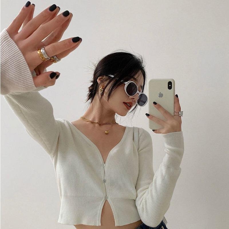 

Women' Jackets Cropped Cardigan Women V-neck Solid Spring Sexy Slim Simple 4 Colors Korean Style All-match College Basic Ladies ChicWomen, Black