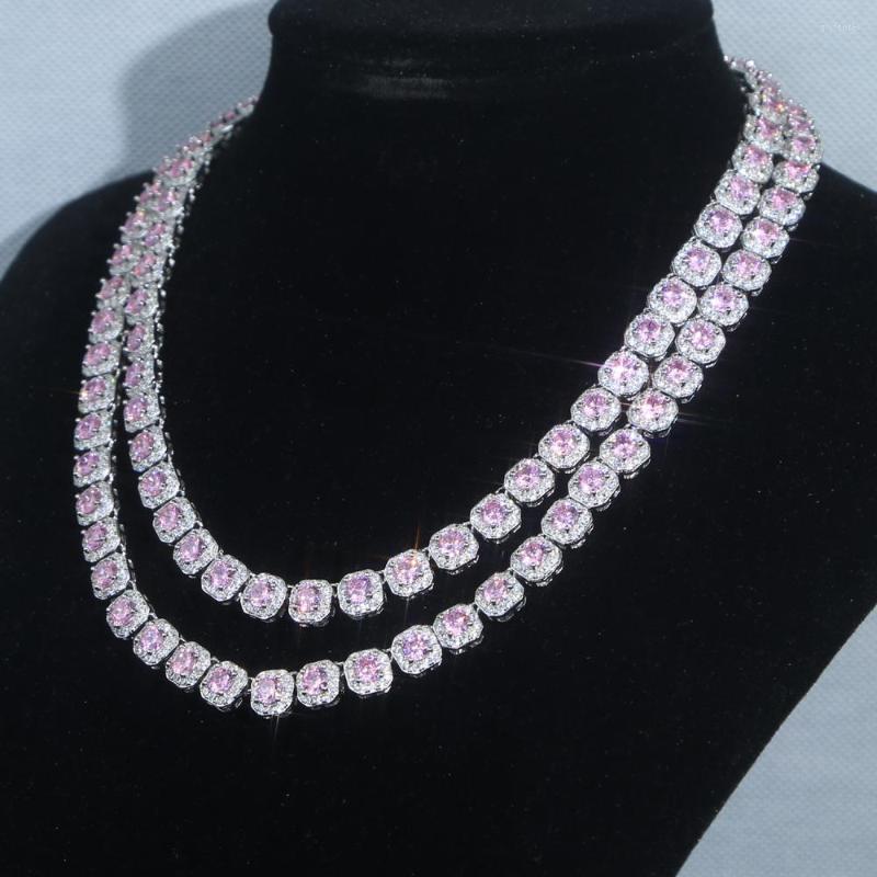 

Choker Men Women Square Pink Cubic Zirconia Tennis Chains Hip Hop Iced Out Bling Jewelry Silver Color Cz Necklace