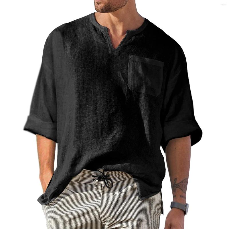 

Men's T Shirts Men Spring Summer Top Shirt Cotton Linen Casual V Neck Long Sleeve Fashion Pocket Blouse Party Button, Black