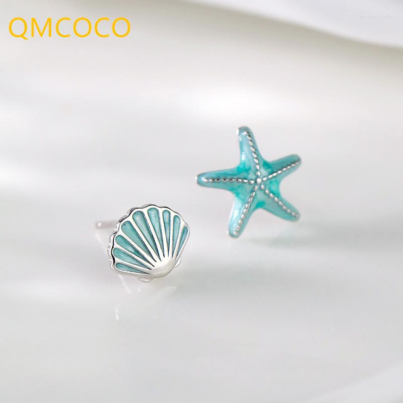 

Stud Earrings QMCOCO Minimalistic Silver Color Blue And Pink Shell Starfish For Women Delicate Exquisite Asymmetric