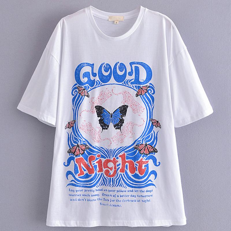 

Women' T Shirts Jenny&Dave England Style Good Night Letter O-neck Cotton Summer Shirt Women Harajuku Tshirt Loose Camisetas Verano Muj, White