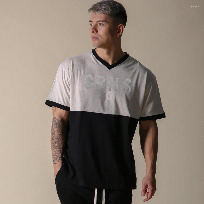

Men's T Shirts Casual Loose T-shirt Men's Short Sleeve Shirt Male Summer Gym Fitness Cotton Tee Black Tops Fashion Patchwork Clothing, C2