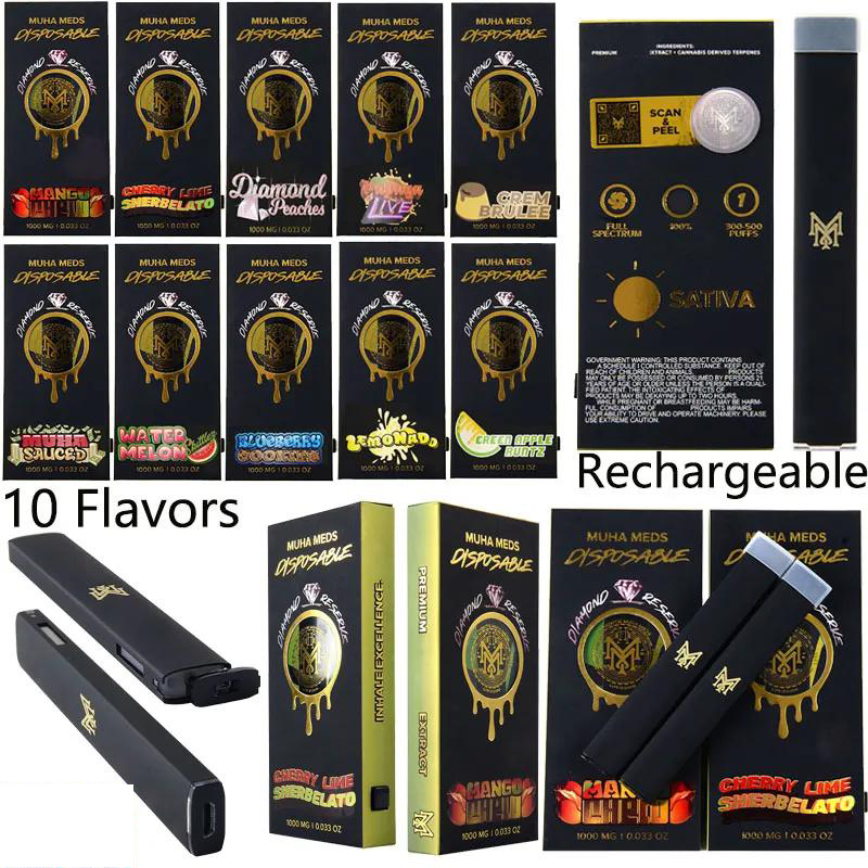 

10 Flavors Muha Meds Rechargeable Disposable Vape Pens Diamond Reserve Device Pods 1ml Empty Carts 280mAh Battery Starter Kits USB Charger For Thick Oil