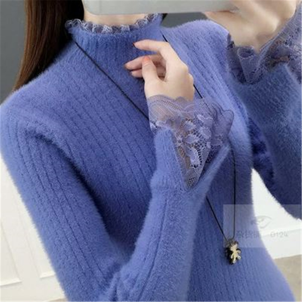 

Women's Sweaters Winter Clothes Women Korean Fashion Slim Sweater Lace Design Turtleneck Warm Basic Long Sleeve Top Ladies Sweater Pull Femme 230227, Pink